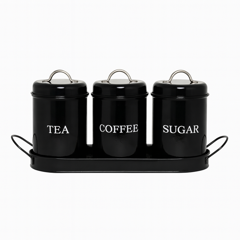 3-Piece Tin Jar Set for Tea, Coffee & Sugar | Classic Airtight Storage Containers with Tray | Vintage Metal Kitchen Canister Set - Habitt