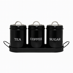 3-Piece Tin Jar Set for Tea, Coffee & Sugar | Classic Airtight Storage Containers with Tray | Vintage Metal Kitchen Canister Set