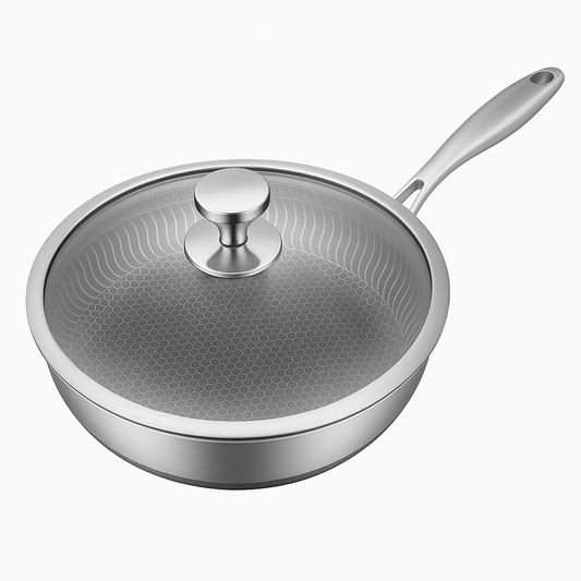 1Pc Stainless Steel Non-Stick Karahi with Handle & Lid | 26cm, 28cm & 30cm | Induction & Gas Compatible Deep Frying Pan
