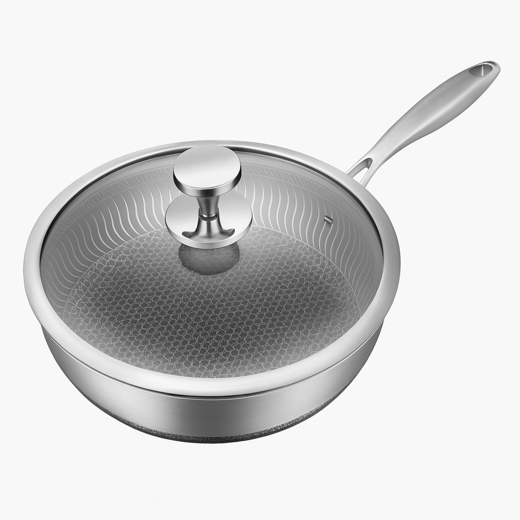 1Pc Stainless Steel Non-Stick Karahi with Handle & Lid | 26cm, 28cm & 30cm | Induction & Gas Compatible Deep Frying Pan