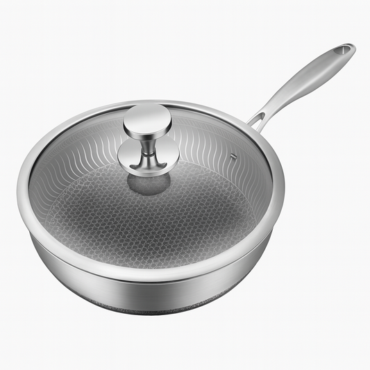 1Pc Stainless Steel Non-Stick Karahi with Handle & Lid | 26cm, 28cm & 30cm | Induction & Gas Compatible Deep Frying Pan