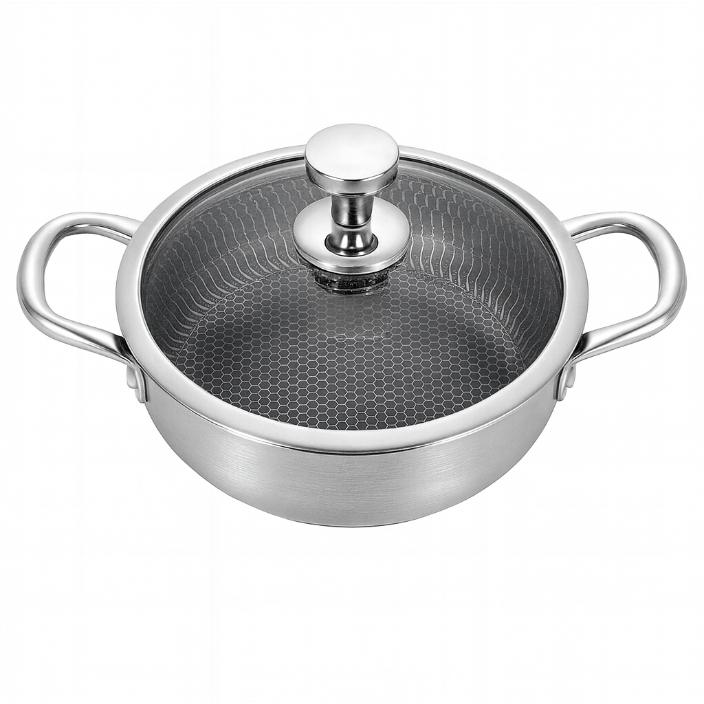 Stainless Steel Shallow Pot with Double Handles & Lid | 26cm, 28cm & 32cm | Non-Stick Honeycomb Cookware for Gas & Induction