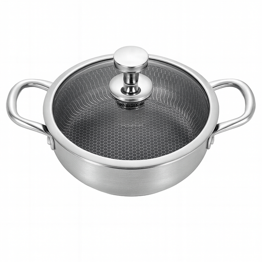 Stainless Steel Shallow Pot with Double Handles & Lid | 26cm, 28cm & 32cm | Non-Stick Honeycomb Cookware for Gas & Induction