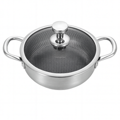 Stainless Steel Shallow Pot with Double Handles & Lid | 26cm, 28cm & 32cm | Non-Stick Honeycomb Cookware for Gas & Induction