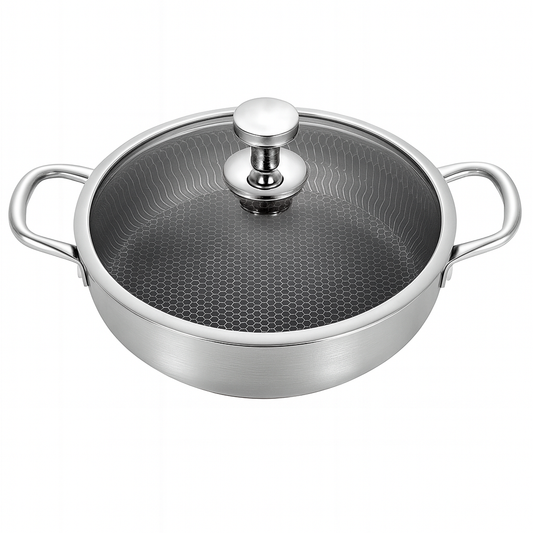 Stainless Steel Shallow Pot with Double Handles & Lid | 26cm, 28cm & 32cm | Non-Stick Honeycomb Cookware for Gas & Induction