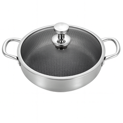 Stainless Steel Shallow Pot with Double Handles & Lid | 26cm, 28cm & 32cm | Non-Stick Honeycomb Cookware for Gas & Induction