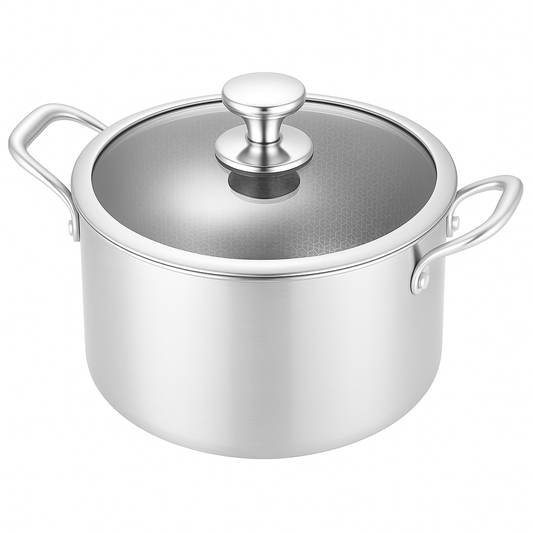 Stainless Steel Cooking Pot with Double Handles & Lid | 22cm & 24cm | Non-Stick Honeycomb Base | Gas & Induction Compatible