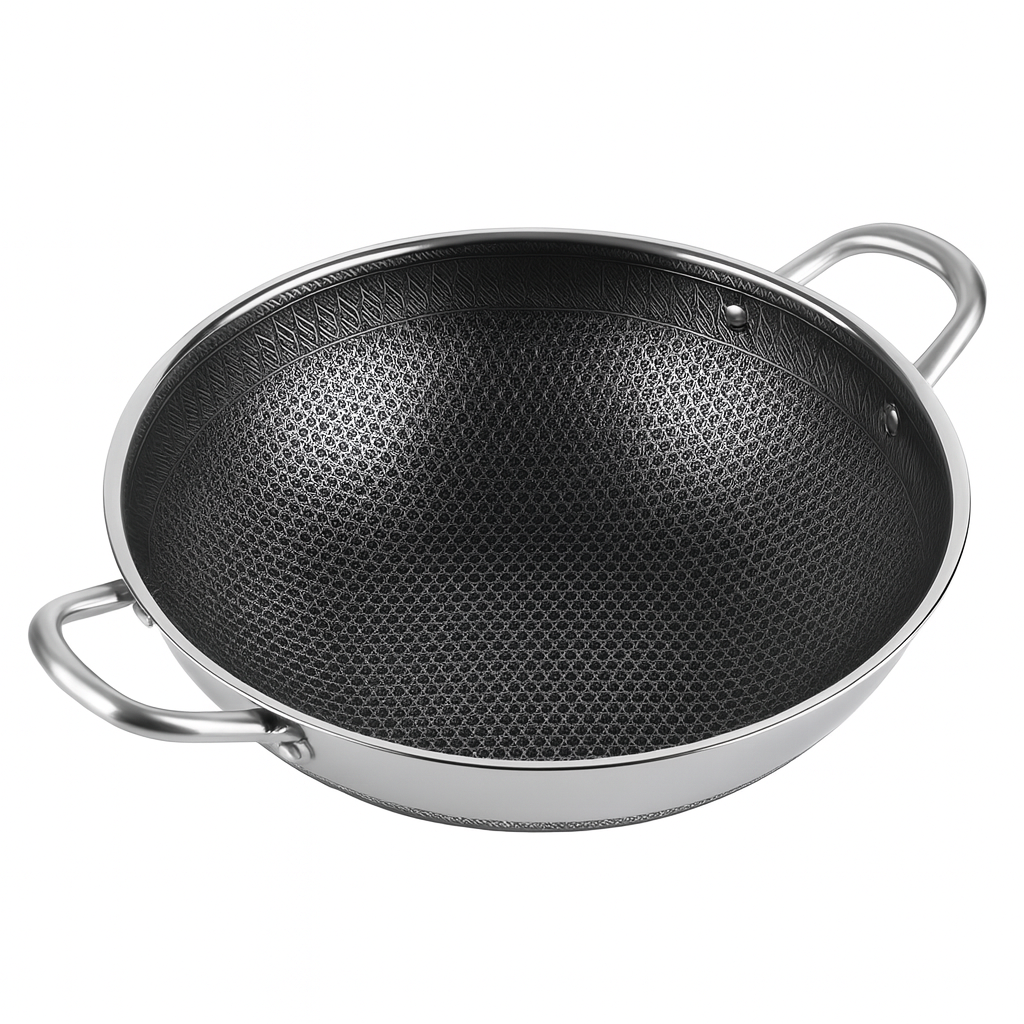 Stainless Steel Karahi without Lid | 28cm & 32cm | Double Handle Deep Frying Pan | Non-Stick Honeycomb Cookware for Gas & Induction - Habitt