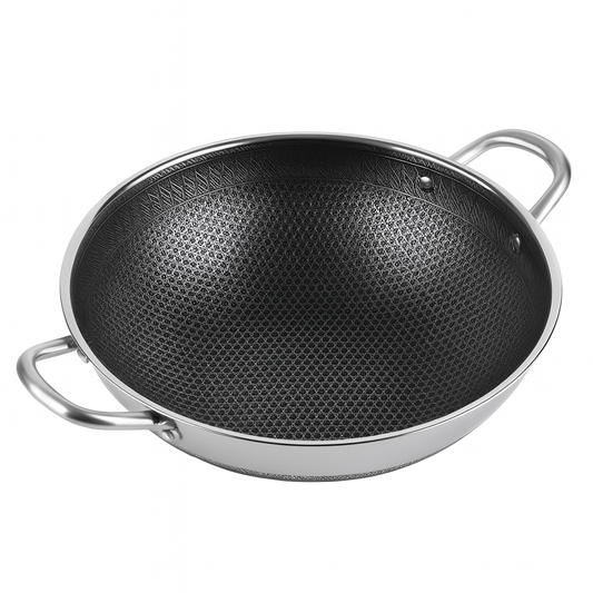 Stainless Steel Karahi without Lid | 28cm & 32cm | Double Handle Deep Frying Pan | Non-Stick Honeycomb Cookware for Gas & Induction