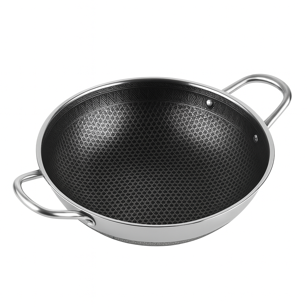 Stainless Steel Karahi without Lid | 28cm & 32cm | Double Handle Deep Frying Pan | Non-Stick Honeycomb Cookware for Gas & Induction