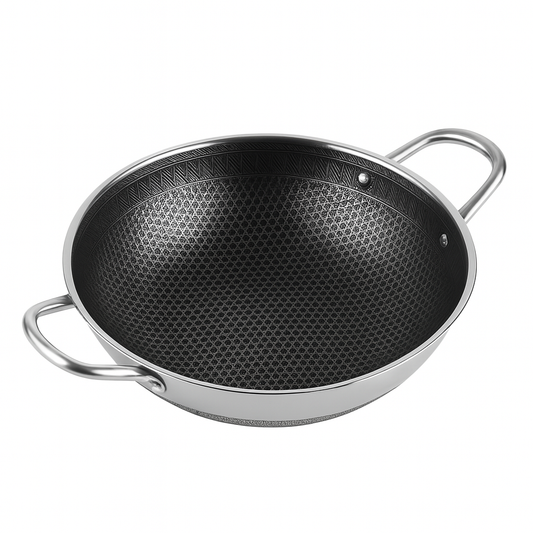 Stainless Steel Karahi without Lid | 28cm & 32cm | Double Handle Deep Frying Pan | Non-Stick Honeycomb Cookware for Gas & Induction