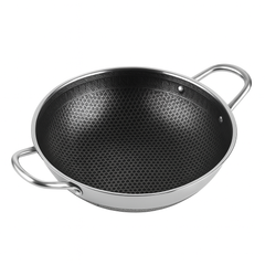 Stainless Steel Karahi without Lid | 28cm & 32cm | Double Handle Deep Frying Pan | Non-Stick Honeycomb Cookware for Gas & Induction