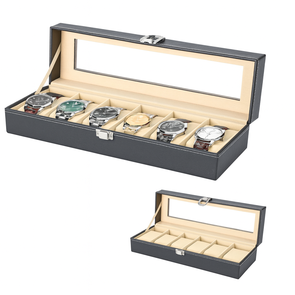 6-Partition Personalized Watch Box – Leather Display Case with Glass Lid