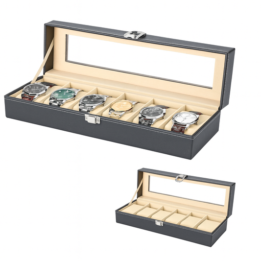 6-Partition Personalized Watch Box – Leather Display Case with Glass Lid