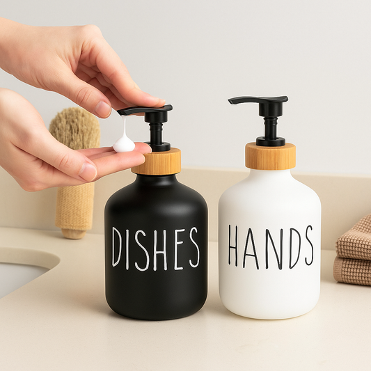 2 Pcs Glass Soap Dispenser – Refillable Pump Bottles with Bamboo Lid