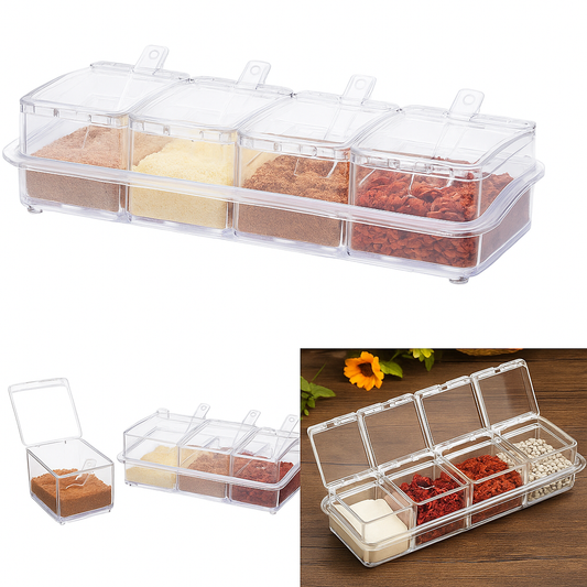 Crystal Seasoning Box – Transparent Spice Organizer with 4 Compartments & Lids for Kitchen Storage