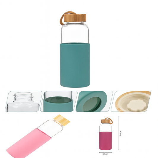 600ml Glass Water Bottle with Bamboo Lid & Silicone Sleeve – Eco-Friendly Reusable Bottle (Assorted Colors)