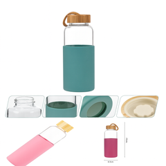 600ml Glass Water Bottle with Bamboo Lid & Silicone Sleeve – Eco-Friendly Reusable Bottle (Assorted Colors)