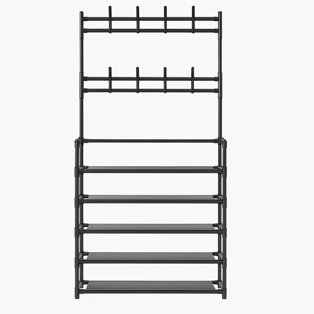 Multifunctional 5-Layer Shoe & Hat Rack with Hooks – Space-Saving Storage Organizer