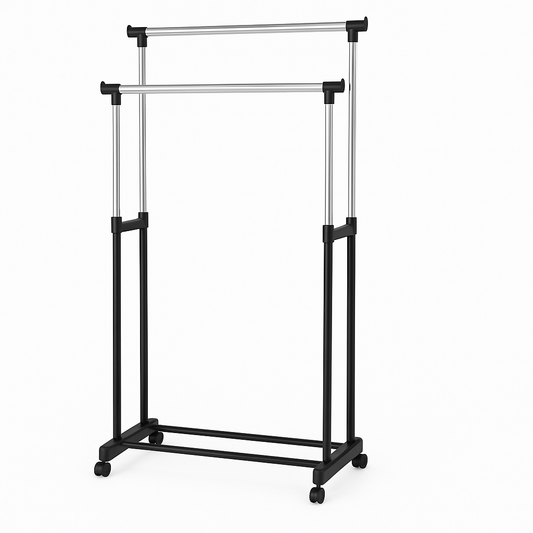 Double Pole Clothes Rack with Adjustable Height & Wheels – Heavy-Duty Garment Organizer
