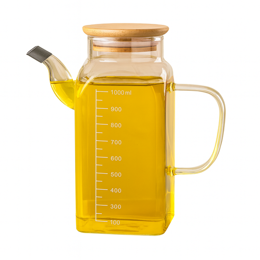 Glass Oil Jug 1000ml – Transparent Oil Dispenser with Wooden Lid