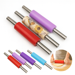8-Inch Silicone Rolling Pin with Stainless Steel Handle Assorted Colors– Non-Stick Dough Roller