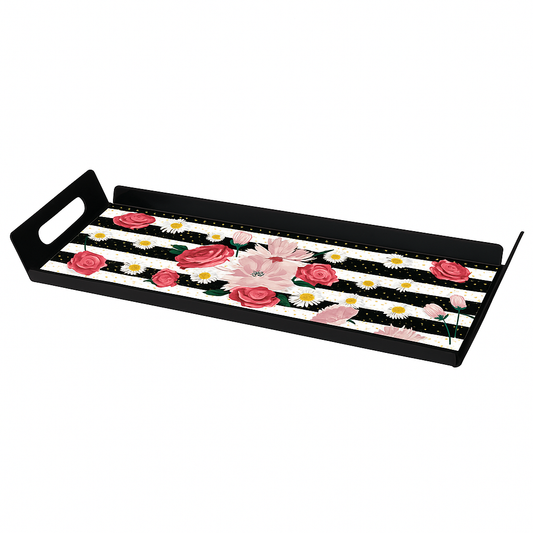 Magical Black Smart Serving Tray – Floral Striped Design with Handles