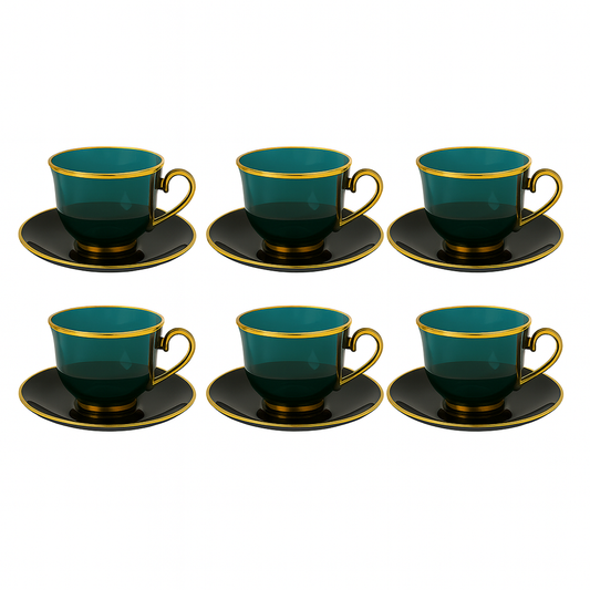 6 Pcs Cup & Saucer Set – Green with Gold Rim