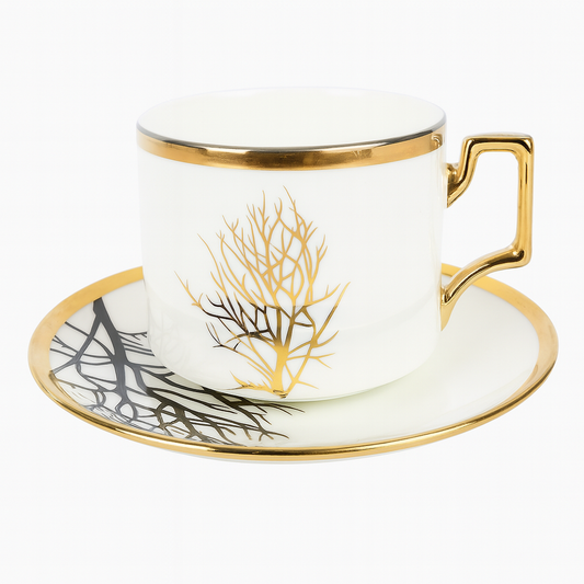 12Pcs 6 person Cup & Saucer Set – White & Gold (Tree Design)