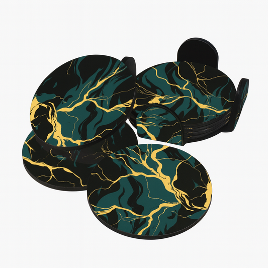 Marble Coaster Set – Black & Green with Gold Veins (Round, 8.9 cm)