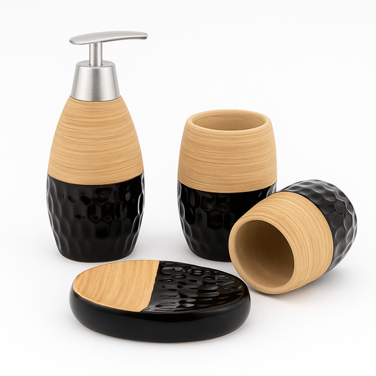 4 Pcs Bathroom Set – Soap Dispenser, Toothbrush Holder, Tumbler & Soap Dish – Modern Ceramic Design (Black-Beige / Grey-Beige)
