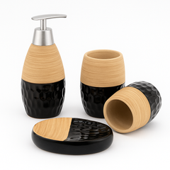 4 Pcs Bathroom Set – Soap Dispenser, Toothbrush Holder, Tumbler & Soap Dish – Modern Ceramic Design (Black-Beige / Grey-Beige)