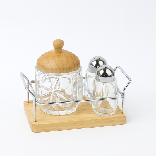 Salt & Sugar Pot Set – 3 Pcs Acrylic with Wooden Lid & Tray