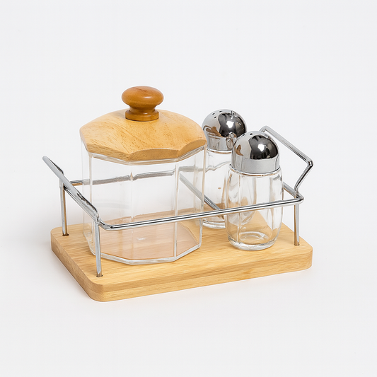 Salt & Sugar Pot Set – 3 Pcs Acrylic with Hexagonal Wooden Lid & Wooden Base