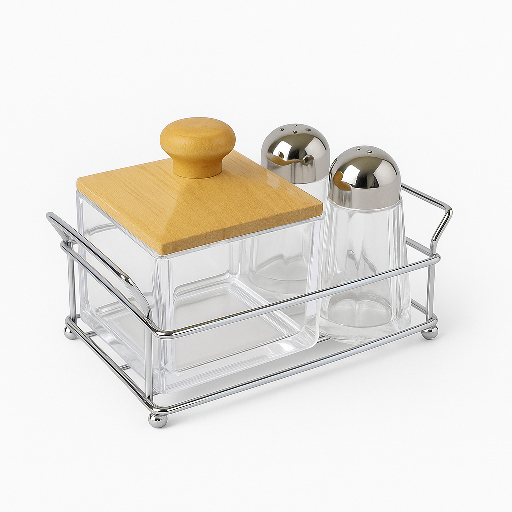 Salt & Sugar Pot Set – 3 Pcs Acrylic with Wooden Lid & Metal Stand