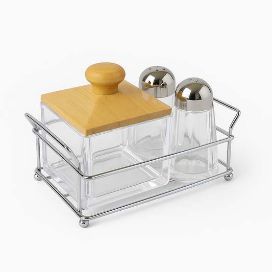 Salt & Sugar Pot Set – 3 Pcs Acrylic with Wooden Lid & Metal Stand