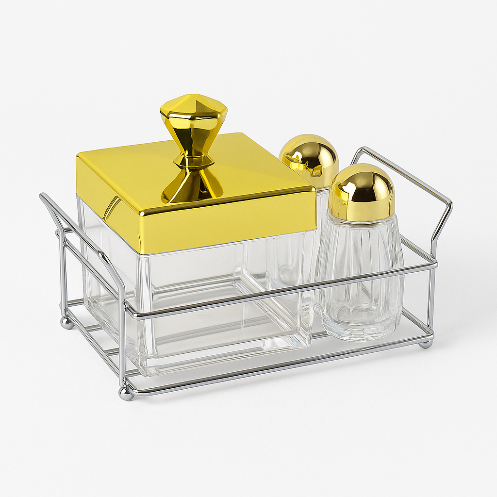 1Pc Salt & Sugar Pot Set – 3 Pcs Acrylic in Gold, Rose Gold & Silver