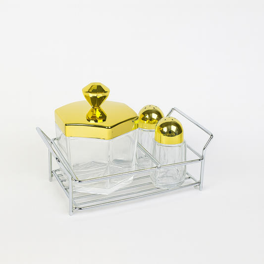 Salt & Sugar Pot Set – 3 Pcs Acrylic with Hexagonal Golden Lid & Metal Stand