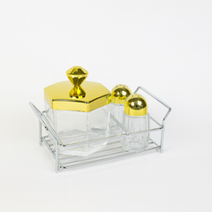 Salt & Sugar Pot Set – 3 Pcs Acrylic with Hexagonal Golden Lid & Metal Stand