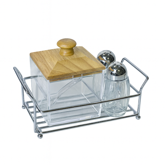 Salt & Sugar Pot Set – 3 Pcs Acrylic with Wooden Square Lid & Metal Stand