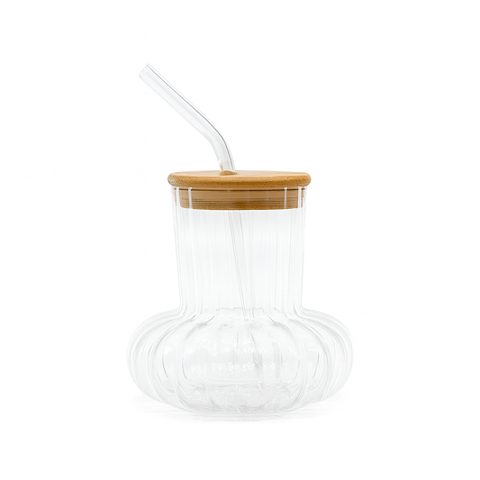 350ml Straw Glass – Clear Borosilicate with Wooden Lid & Reusable Straw