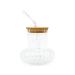 350ml Straw Glass – Clear Borosilicate with Wooden Lid & Reusable Straw