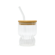 350ml Straw Glass – Clear Borosilicate with Wooden Lid & Reusable Straw (Curved Design) - Habitt