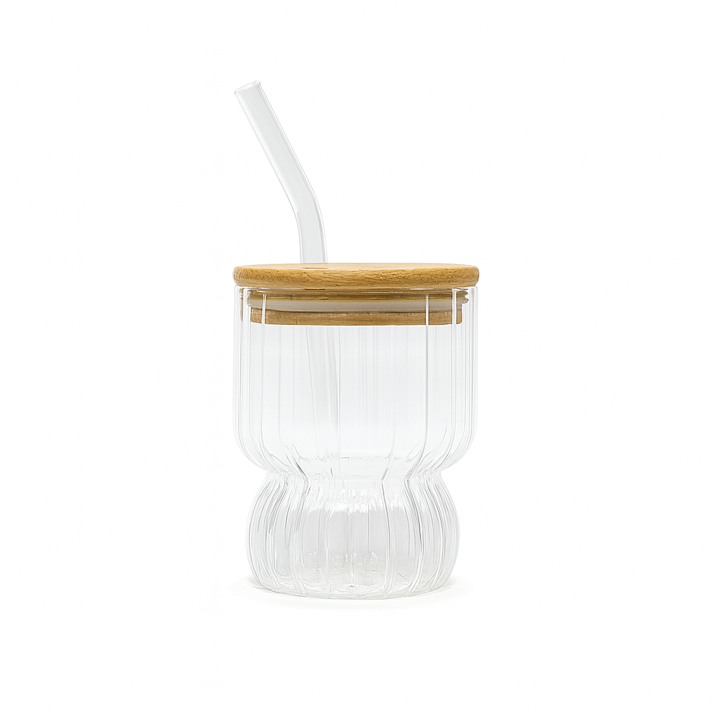 350ml Straw Glass – Clear Borosilicate with Wooden Lid & Reusable Straw (Curved Design)