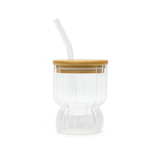 350ml Straw Glass – Clear Borosilicate with Wooden Lid & Reusable Straw (Curved Design)