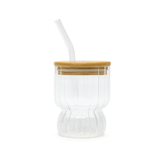 350ml Straw Glass – Clear Borosilicate with Wooden Lid & Reusable Straw (Curved Design)