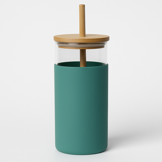 1Pc 500ml Straw Glass Bottle – Reusable with Wooden Lid & Silicone Sleeve (Green, Pink, Blue, Beige)