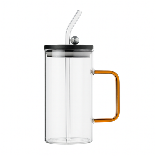 250ml Straw Glass – Clear Borosilicate with Handle, Lid & Reusable Straw (Pink & Black)