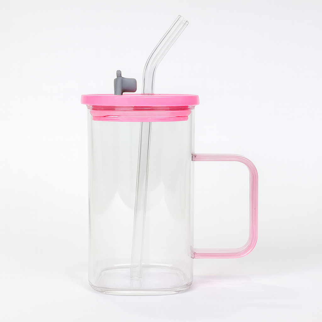 250ml Straw Glass – Clear Borosilicate with Handle, Lid & Reusable Straw (Pink & Black)