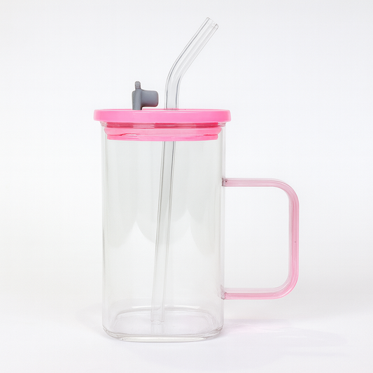 250ml Straw Glass – Clear Borosilicate with Handle, Lid & Reusable Straw (Pink & Black)